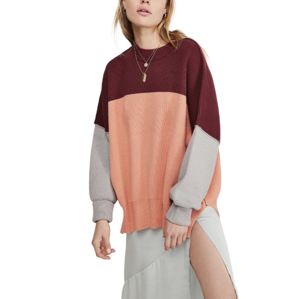 Free People Colorblock Crew Neck Sweater - Burgundy, Peach, Gray